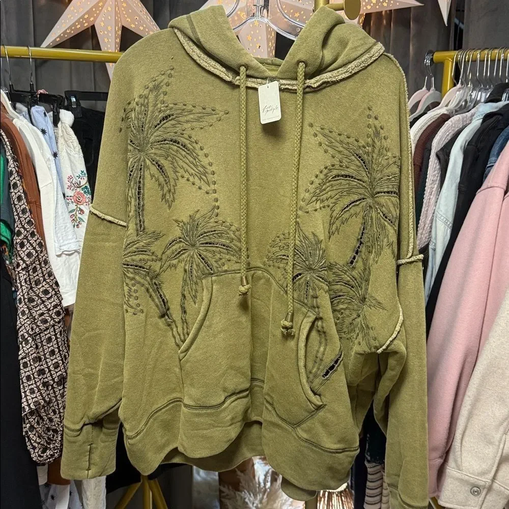 Free People We the Free Palm Springs Embroidered Hoodie in Fir Green